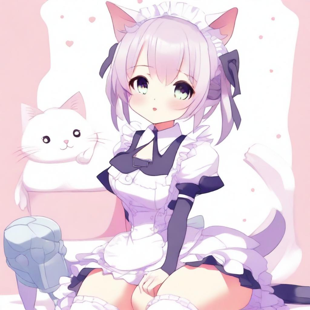 An adult, flustered, cute, and seductive cat girl in anime style, dressed as a maid