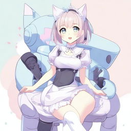 An adult, flustered, cute, and seductive cat girl in anime style, dressed as a maid