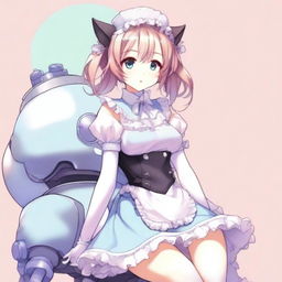 An adult, flustered, cute, and seductive cat girl in anime style, dressed as a maid