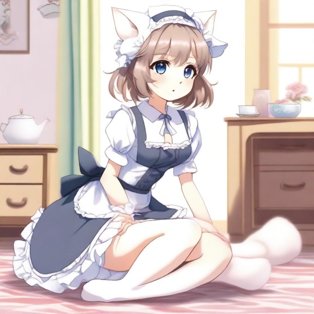 An adult, flustered, cute, and seductive cat girl in anime style, dressed as a maid