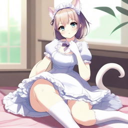 An adult, flustered, cute, and seductive cat girl in anime style, dressed as a maid