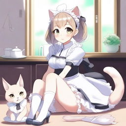 An adult, flustered, cute, and seductive cat girl in anime style, dressed as a maid