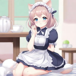 An adult, flustered, cute, and seductive cat girl in anime style, dressed as a maid