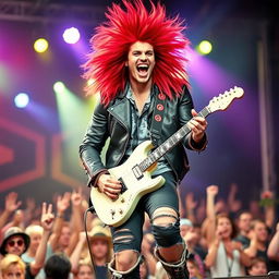 A vibrant and energetic rocker with big hair, known as Pletosu, performing on stage