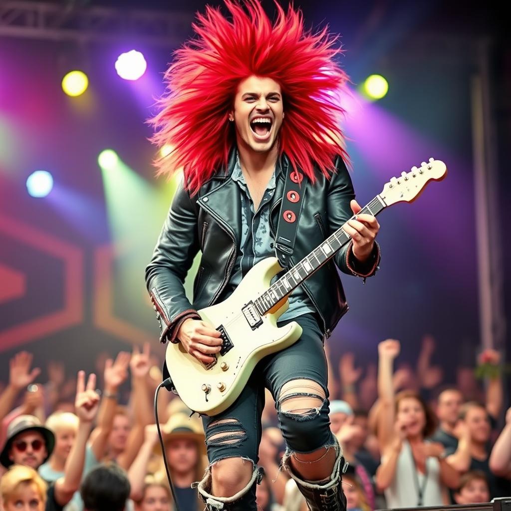 A vibrant and energetic rocker with big hair, known as Pletosu, performing on stage