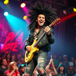 A vibrant and energetic rocker with big hair, known as Pletosu, performing on stage