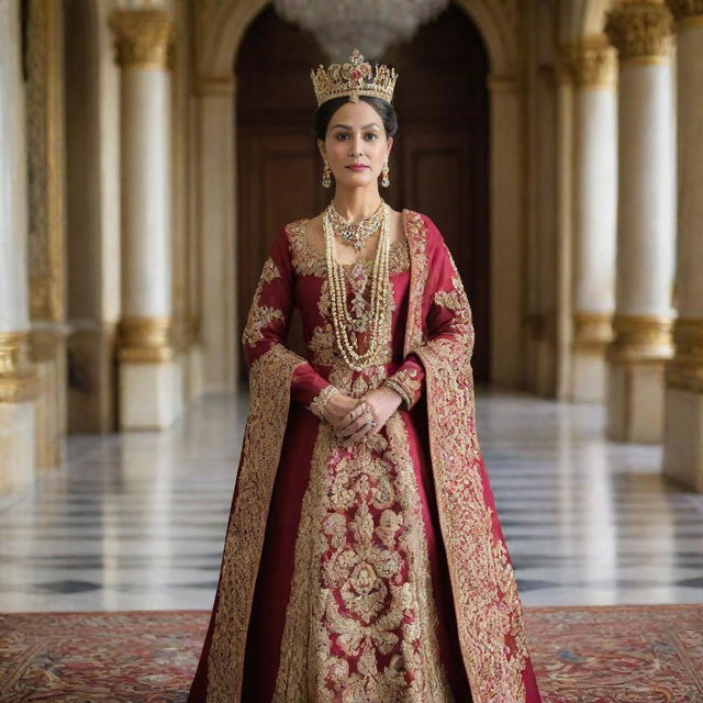 A noble queen named Rita Mamani Lopez, adorned in a luxurious traditional garb signifying her rich heritage, standing in her grand palace holding a symbol of her authority