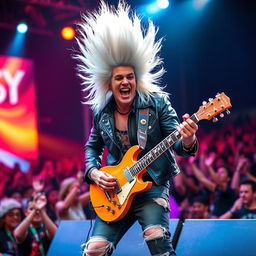 A vibrant and energetic rocker with big hair, known as Pletosu, performing on stage