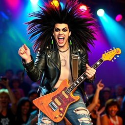 A vibrant and energetic rocker with big hair, known as Pletosu, performing on stage