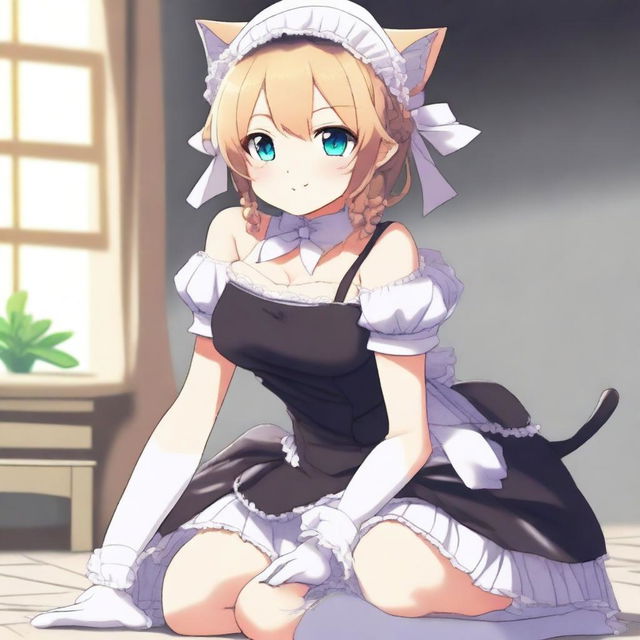 An adult, flustered, cute, and seductive cat girl in anime style, dressed as a maid