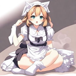 An adult, flustered, cute, and seductive cat girl in anime style, dressed as a maid