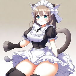 An adult, flustered, cute, and seductive cat girl in anime style, dressed as a maid