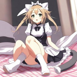 An adult, flustered, cute, and seductive cat girl in anime style, dressed as a maid