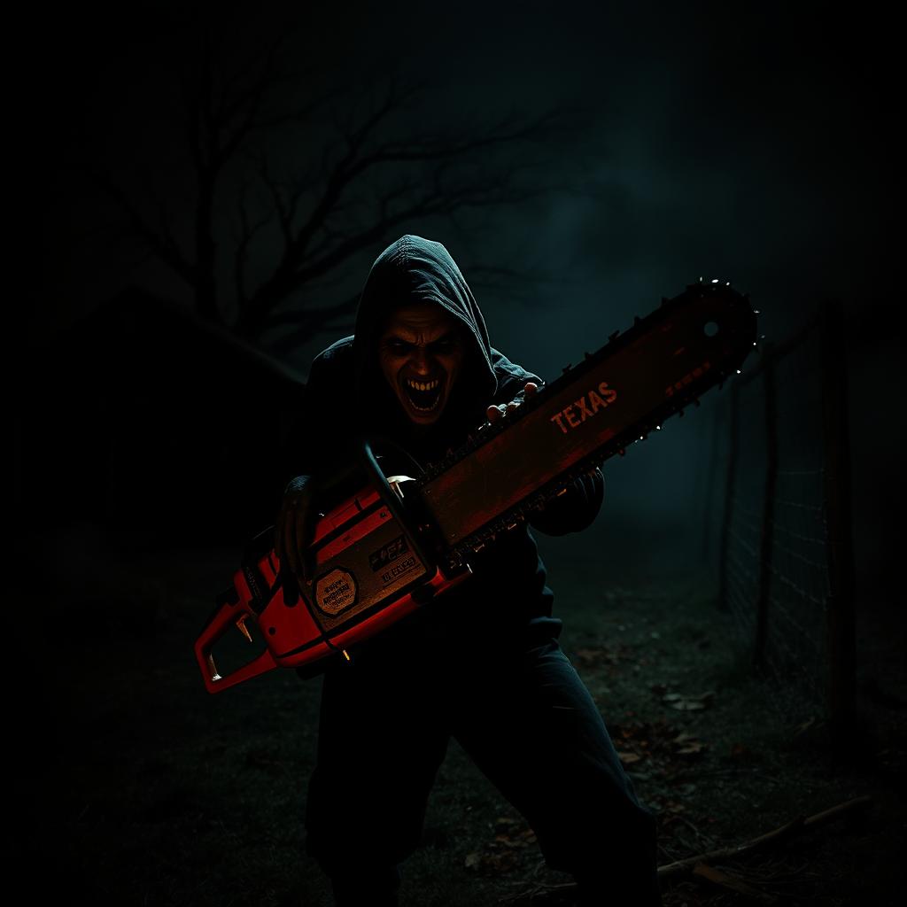 A terrifying scene inspired by the Texas Chainsaw Massacre, featuring a menacing figure wielding a chainsaw in a dark, eerie rural setting