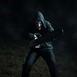 A terrifying scene inspired by the Texas Chainsaw Massacre, featuring a menacing figure wielding a chainsaw in a dark, eerie rural setting