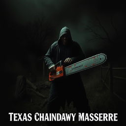 A terrifying scene inspired by the Texas Chainsaw Massacre, featuring a menacing figure wielding a chainsaw in a dark, eerie rural setting