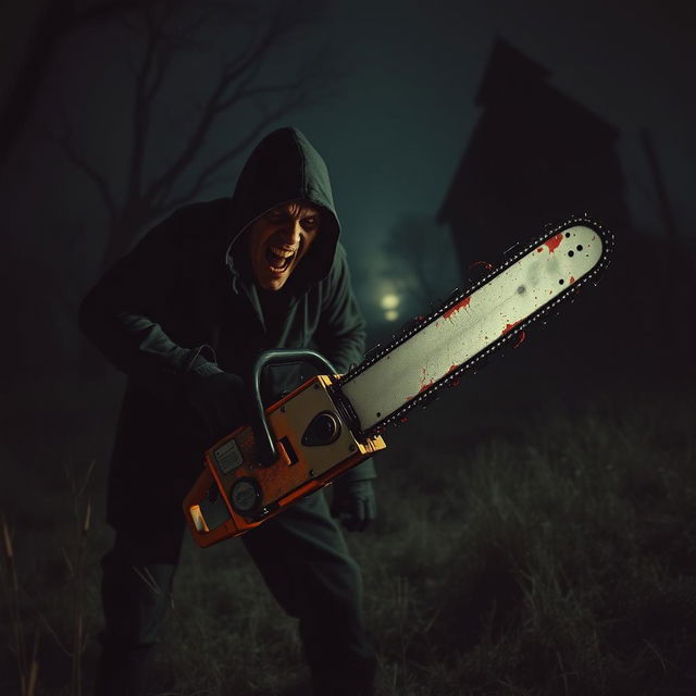 A terrifying scene inspired by the Texas Chainsaw Massacre, featuring a menacing figure wielding a chainsaw in a dark, eerie rural setting