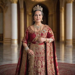 A noble queen named Rita Mamani Lopez, adorned in a luxurious traditional garb signifying her rich heritage, standing in her grand palace holding a symbol of her authority