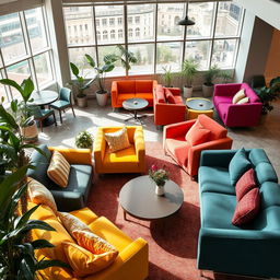 Enhance the existing lounge area by adding more sofas in a variety of vibrant colors