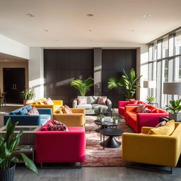 Enhance the existing lounge area by adding more sofas in a variety of vibrant colors