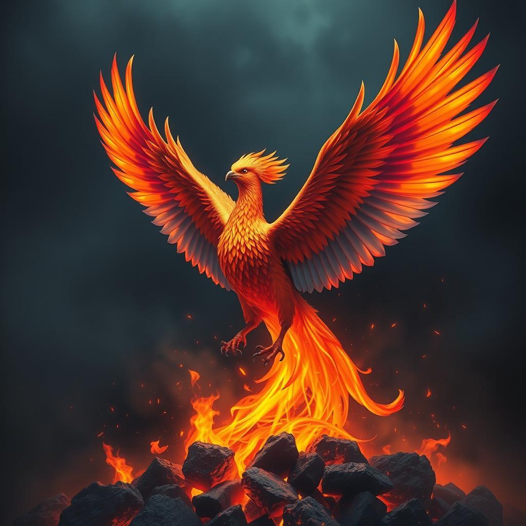 A majestic phoenix rising from the ashes, its vibrant feathers glowing with fiery colors