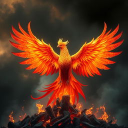 A majestic phoenix rising from the ashes, its vibrant feathers glowing with fiery colors