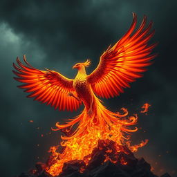 A majestic phoenix rising from the ashes, its vibrant feathers glowing with fiery colors