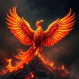 A majestic phoenix rising from the ashes, its vibrant feathers glowing with fiery colors