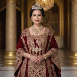 A noble queen named Rita Mamani Lopez, adorned in a luxurious traditional garb signifying her rich heritage, standing in her grand palace holding a symbol of her authority