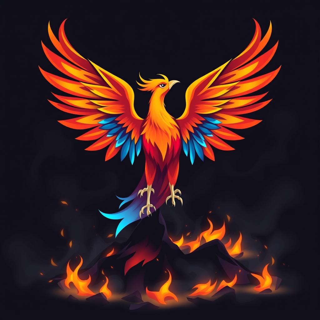 A striking stylized phoenix rising majestically from a bed of ashes