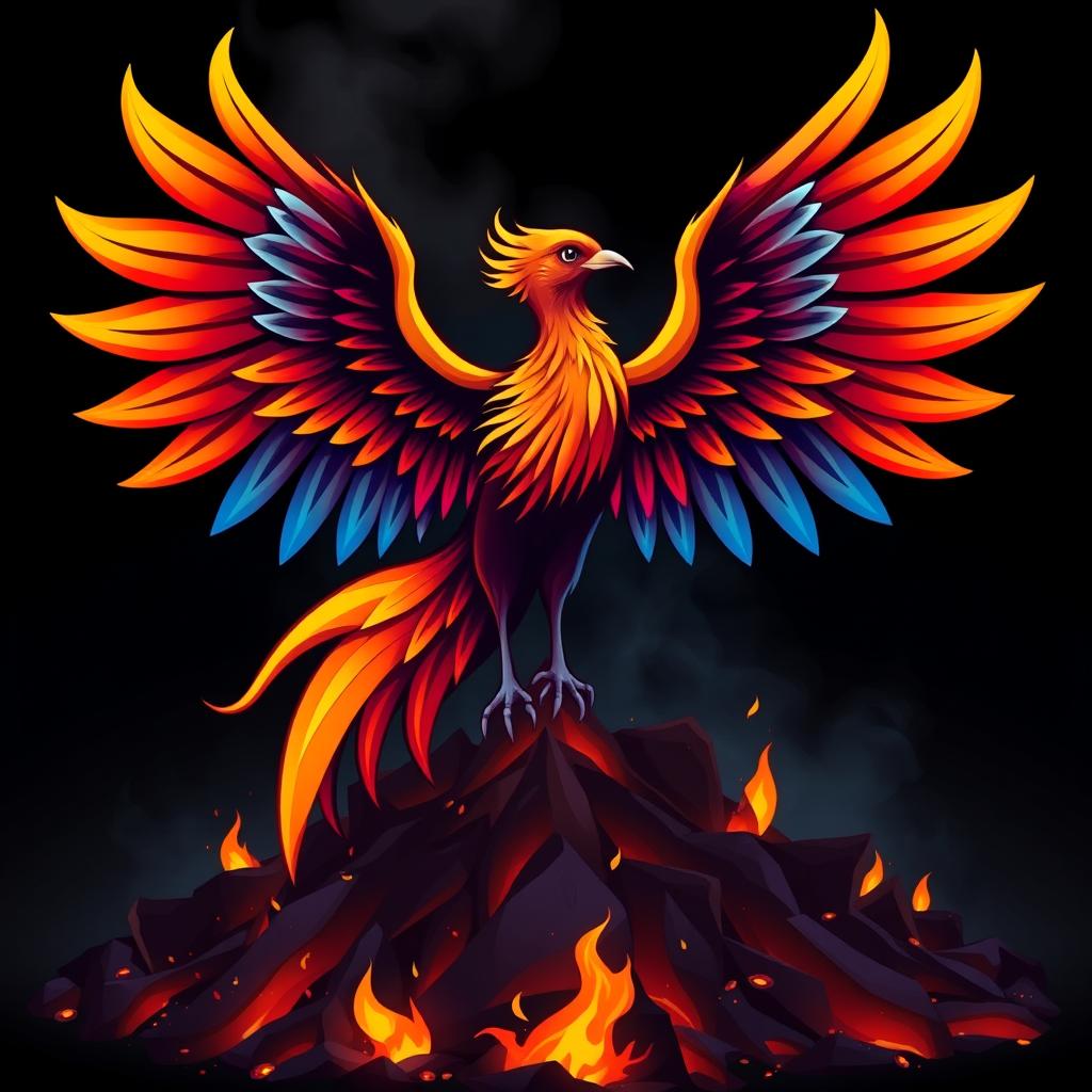 A striking stylized phoenix rising majestically from a bed of ashes