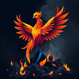 A striking stylized phoenix rising majestically from a bed of ashes