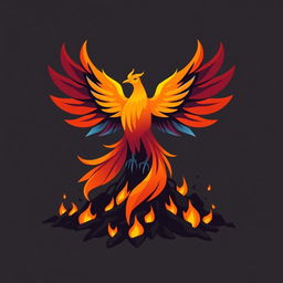 A striking stylized phoenix rising majestically from a bed of ashes