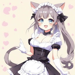 An adult, flustered, cute, and seductive cat girl in anime style, dressed as a maid