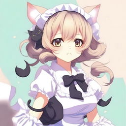 An adult, flustered, cute, and seductive cat girl in anime style, dressed as a maid