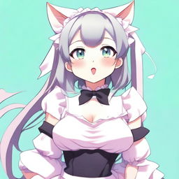 An adult, flustered, cute, and seductive cat girl in anime style, dressed as a maid