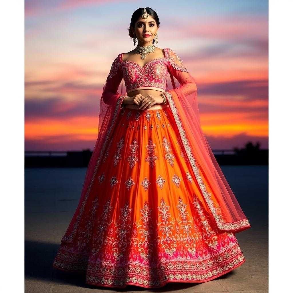 A stunning lehenga with a gradient transitioning from deep orange to sunset pink, adorned with intricate mirror work