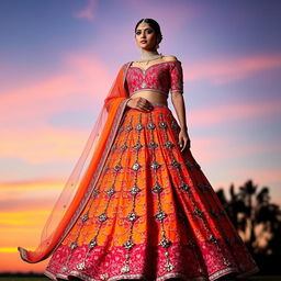 A stunning lehenga with a gradient transitioning from deep orange to sunset pink, adorned with intricate mirror work