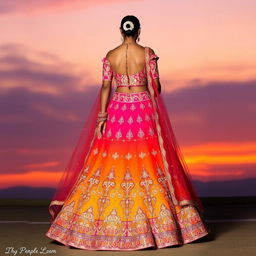 A stunning lehenga with a gradient transitioning from deep orange to sunset pink, adorned with intricate mirror work