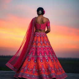 A stunning lehenga with a gradient transitioning from deep orange to sunset pink, adorned with intricate mirror work