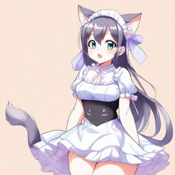 An adult, flustered, cute, and seductive cat girl in anime style, dressed as a maid