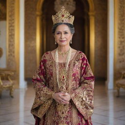 A noble queen named Rita Mamani Lopez, adorned in a luxurious traditional garb signifying her rich heritage, standing in her grand palace holding a symbol of her authority