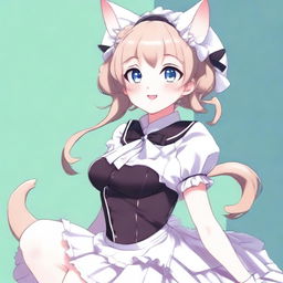 An adult, flustered, cute, and seductive cat girl in anime style, dressed as a maid