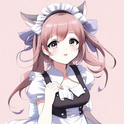 An adult, flustered, cute, and seductive cat girl in anime style, dressed as a maid