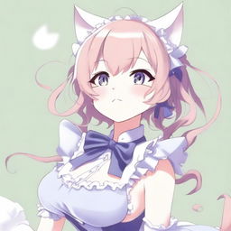 An adult, flustered, cute, and seductive cat girl in anime style, dressed as a maid