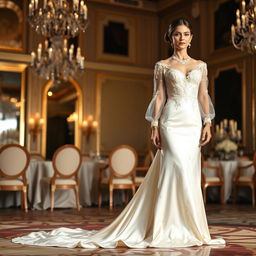 An elegant ivory silk gown with delicate pearl embroidery, featuring long sheer sleeves and a dramatic train