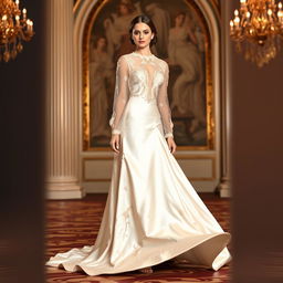 An elegant ivory silk gown with delicate pearl embroidery, featuring long sheer sleeves and a dramatic train