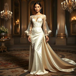 An elegant ivory silk gown with delicate pearl embroidery, featuring long sheer sleeves and a dramatic train