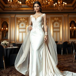 An elegant ivory silk gown with delicate pearl embroidery, featuring long sheer sleeves and a dramatic train