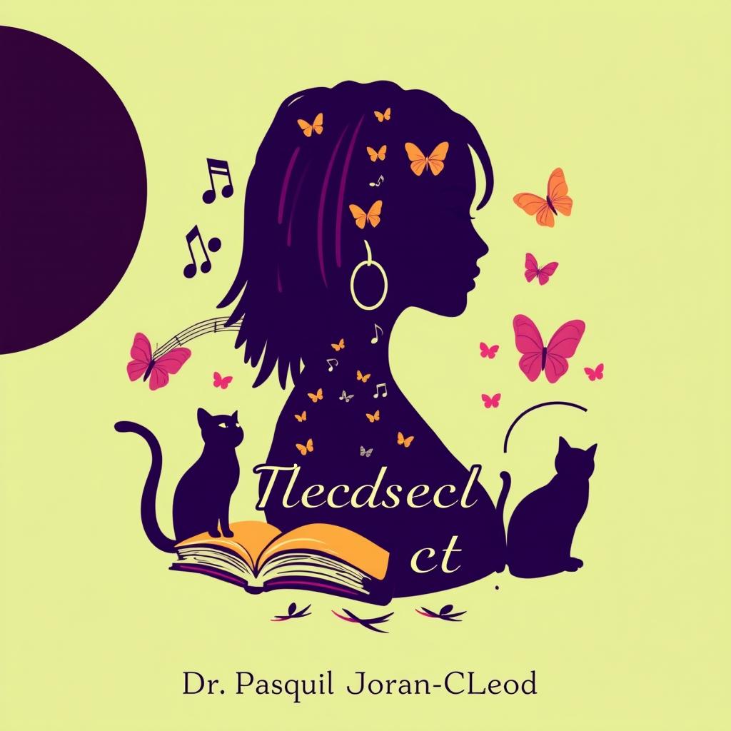 Create an elegant and vibrant logo for a book featuring a silhouette of a woman with short dreadlocks, music notes, butterflies, two cat silhouettes, and a book